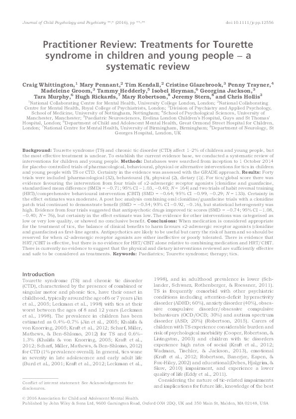 Practitioner review: Treatments for Tourette syndrome in children and young people: a systematic review Thumbnail