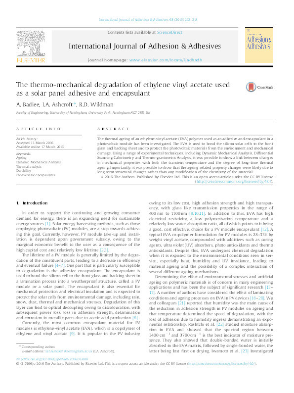 The thermo-mechanical degradation of ethylene vinyl acetate used as a solar panel adhesive and encapsulant Thumbnail