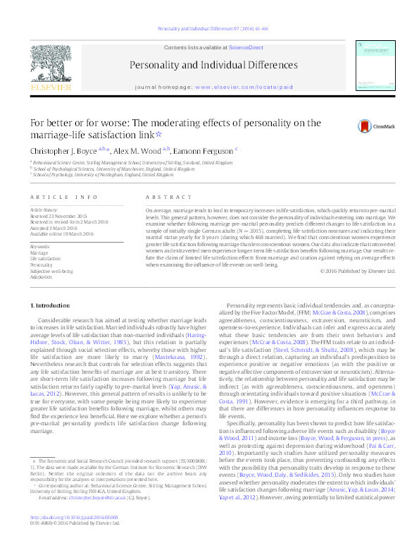 For better or for worse: the moderating effects of personality on the marriage life satisfaction link Thumbnail