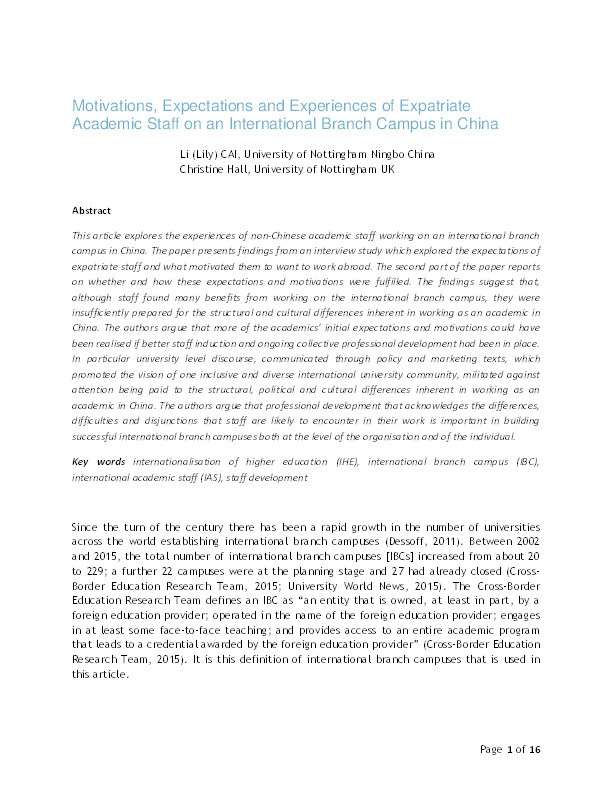 Motivations, expectations, and experiences of expatriate academic staff on an international branch campus in China Thumbnail