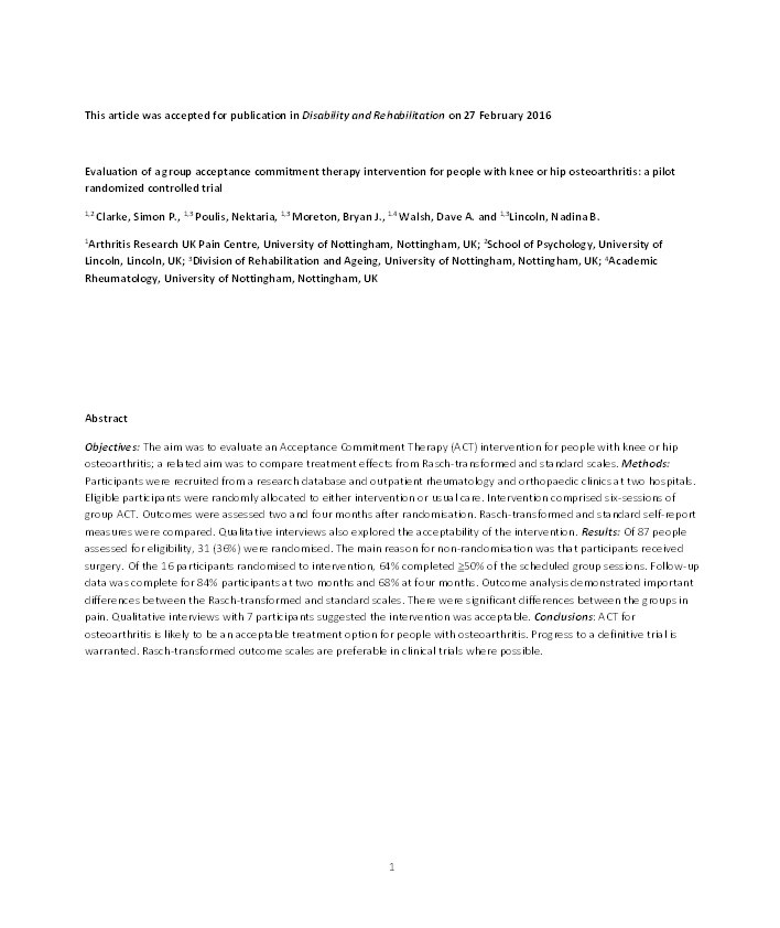 Evaluation of a group acceptance commitment therapy intervention for people with knee or hip osteoarthritis: a pilot randomized controlled trial Thumbnail