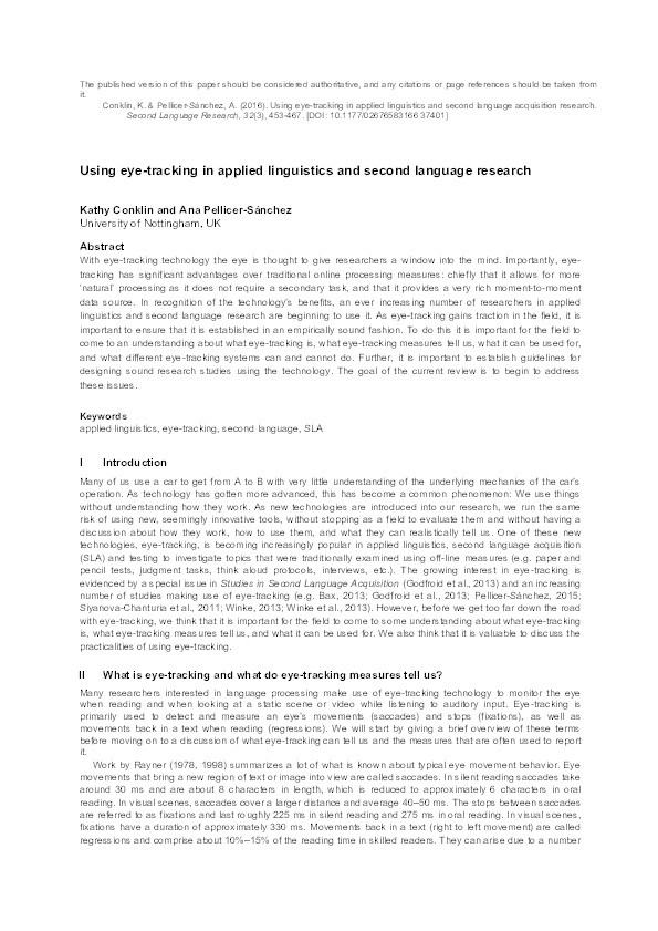 Using eye-tracking in applied linguistics and second language research Thumbnail
