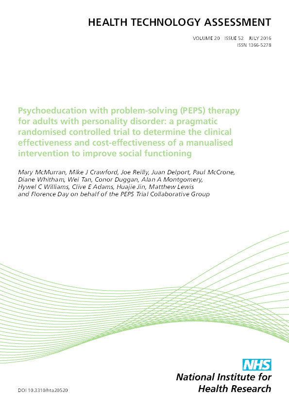 Psychoeducation with problem-solving (PEPS) therapy for adults with personality disorder: a pragmatic randomised controlled trial to determine the clinical effectiveness and cost-effectiveness of a manualised intervention to improve social functioning Thumbnail