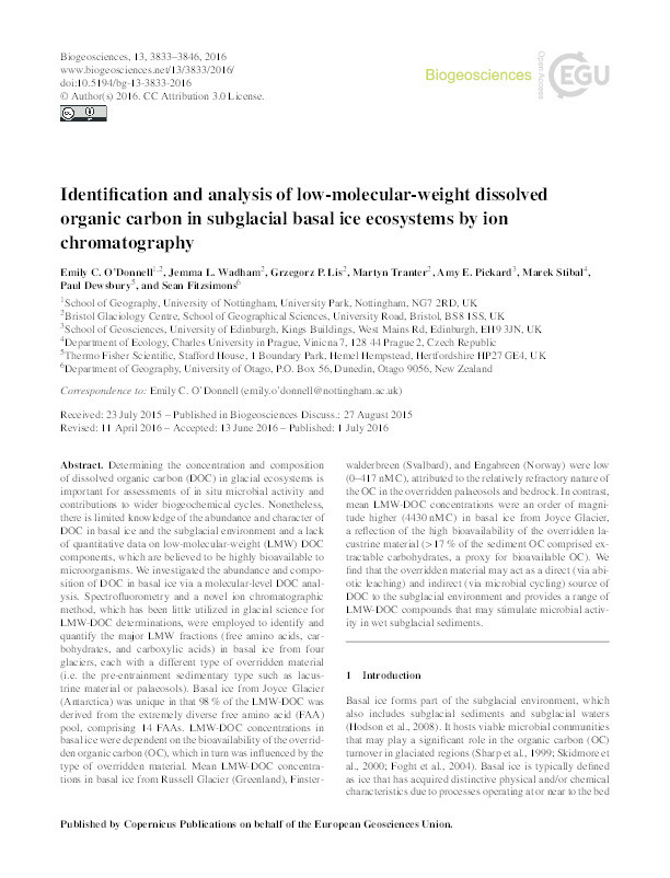 Identification and analysis of low-molecular-weight dissolved organic carbon in subglacial basal ice ecosystems by ion chromatography Thumbnail