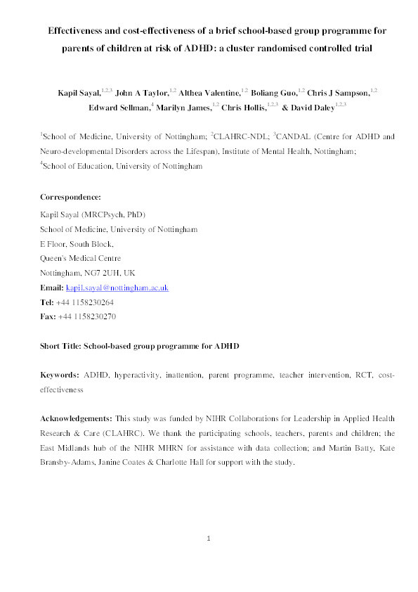 Effectiveness and cost-effectiveness of a brief school-based group programme for parents of children at risk of ADHD: a cluster randomised controlled trial Thumbnail