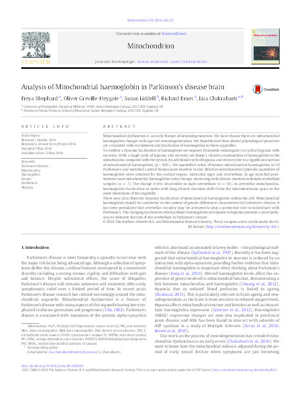 Analysis of mitochondrial haemoglobin in Parkinson's disease brain Thumbnail