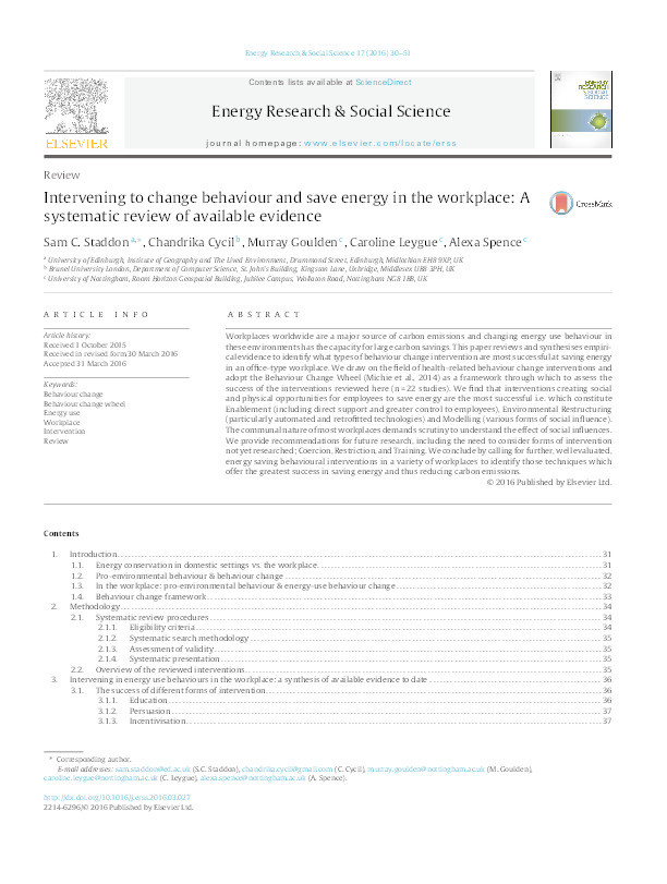 Intervening to change behaviour and save energy in the workplace: a systematic review of available evidence Thumbnail