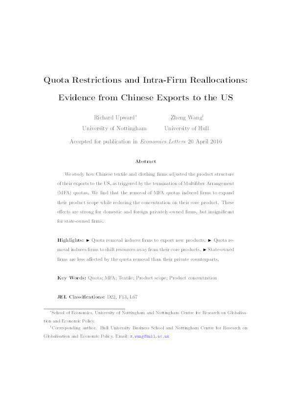Quota restrictions and intra-firm reallocations: evidence from Chinese exports to the US Thumbnail