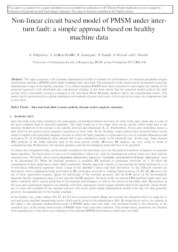 Non-linear circuit based model of PMSM under inter-turn fault: a simple approach based on healthy machine data Thumbnail