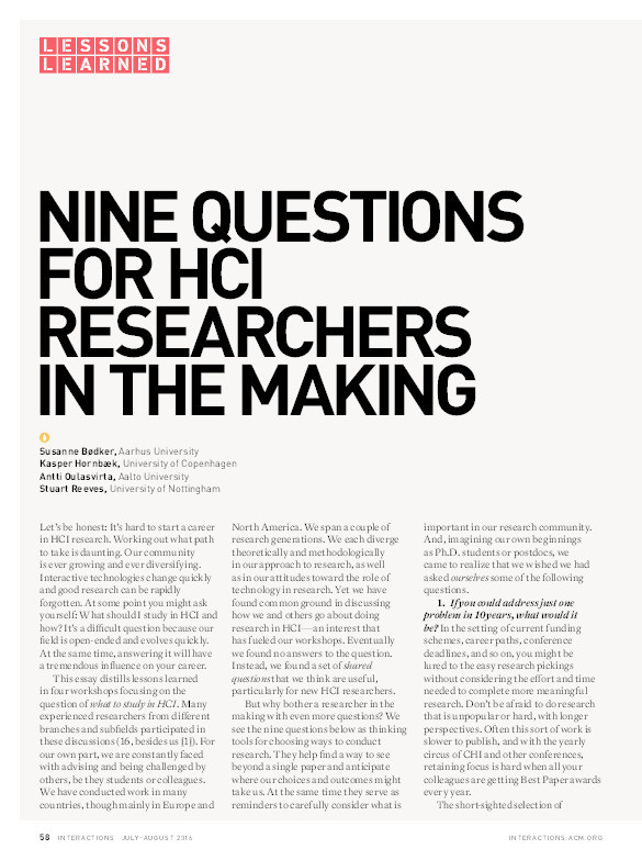 Nine questions for HCI researchers in the making Thumbnail