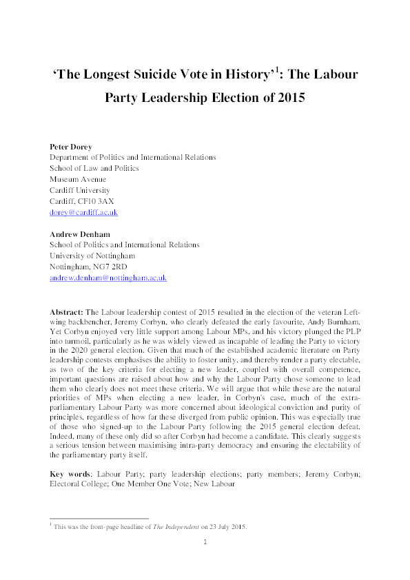 ‘The longest suicide vote in history’: the Labour Party leadership election of 2015 Thumbnail