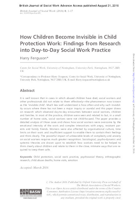 How children become invisible in child protection work: findings from research into day to day social work practice Thumbnail