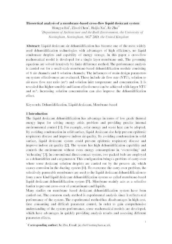 Theoretical analysis of a membrane-based cross-flow liquid desiccant system Thumbnail