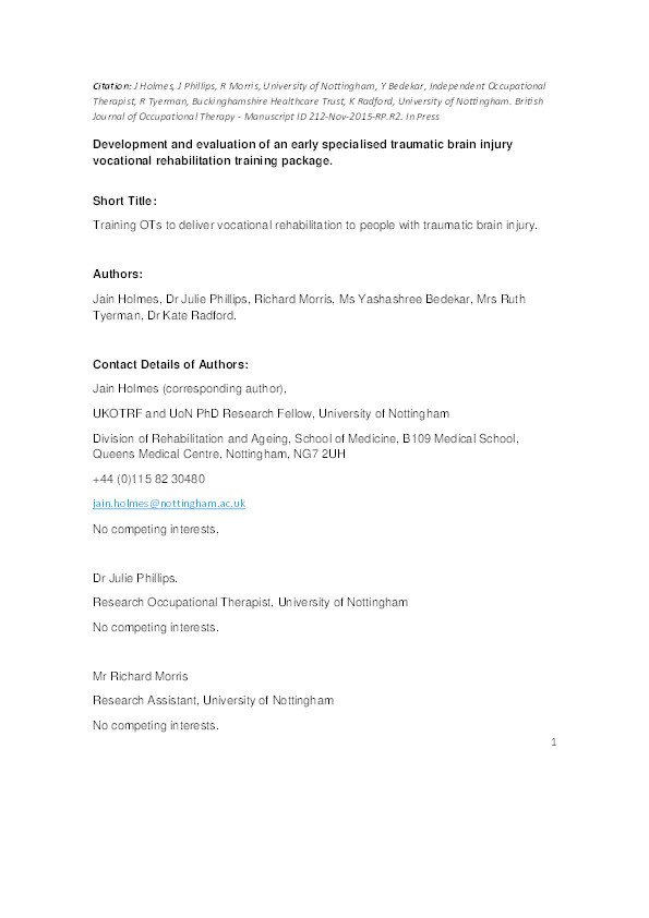 Development and evaluation of an early specialised traumatic brain injury vocational rehabilitation training package Thumbnail