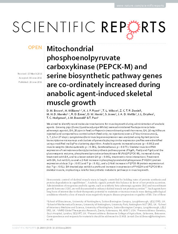 Mitochondrial phosphoenolpyruvate carboxykinase (PEPCK-M) and serine biosynthetic pathway genes are co-ordinately increased during anabolic agent-induced skeletal muscle growth Thumbnail