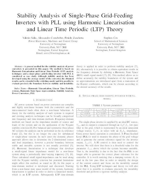Stability analysis of single-phase grid-feeding inverters with PLL using Harmonic Linearisation and Linear Time Periodic (LTP) theory Thumbnail