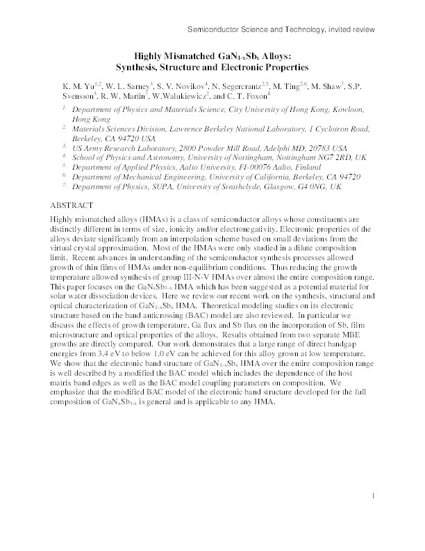 Highly mismatched GaN1−xSbxalloys: synthesis, structure and electronic properties Thumbnail