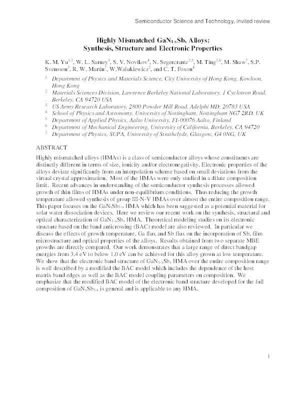 Highly mismatched GaN1−xSbxalloys: synthesis, structure and electronic properties Thumbnail