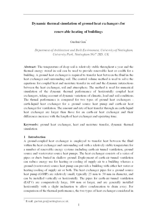 Dynamic thermal simulation of ground heat exchangers for renewable heating of buildings Thumbnail