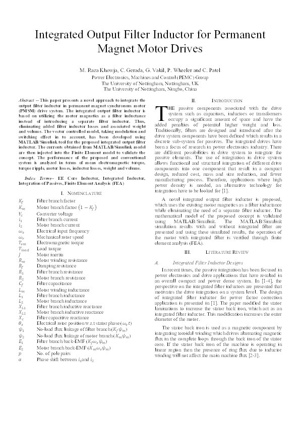 Integrated output filter inductor for permanent magnet motor drives Thumbnail