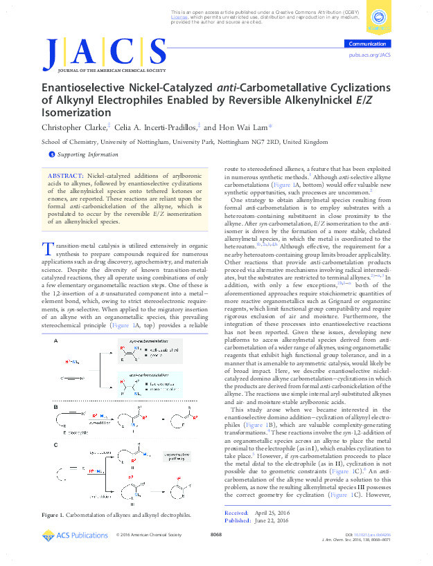 Enantioselective nickel-catalyzed anti-carbometallative cyclizations of alkynyl electrophiles enabled by reversible alkenylnickel E/Z isomerization Thumbnail