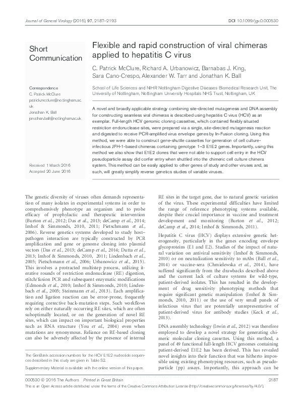 Flexible and rapid construction of viral chimeras applied to hepatitis C virus Thumbnail