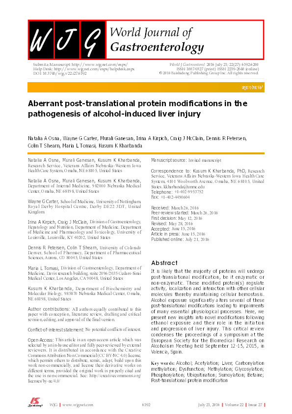 Aberrant post-translational protein modifications in the pathogenesis of alcohol-induced liver injury Thumbnail