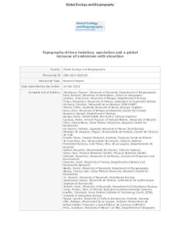 Topography-driven isolation, speciation and a global increase of endemism with elevation Thumbnail