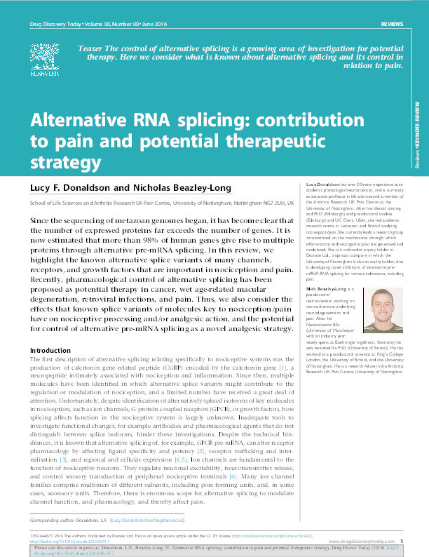 Alternative RNA splicing: contribution to pain and potential therapeutic strategy Thumbnail