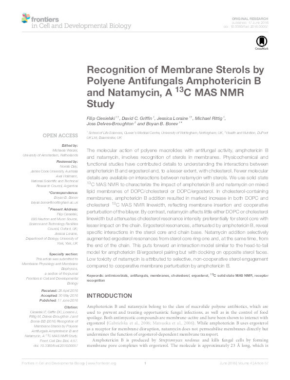 Recognition of membrane sterols by polyene antifungals amphotericin B and natamycin, a 13C MAS NMR Study Thumbnail
