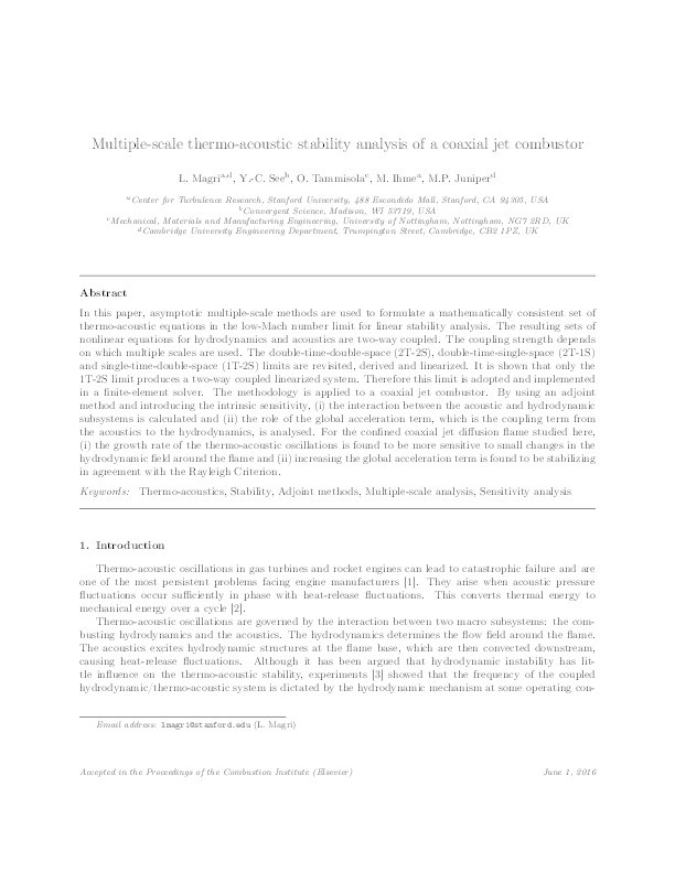 Multiple-scale thermo-acoustic stability analysis of a coaxial jet combustor Thumbnail