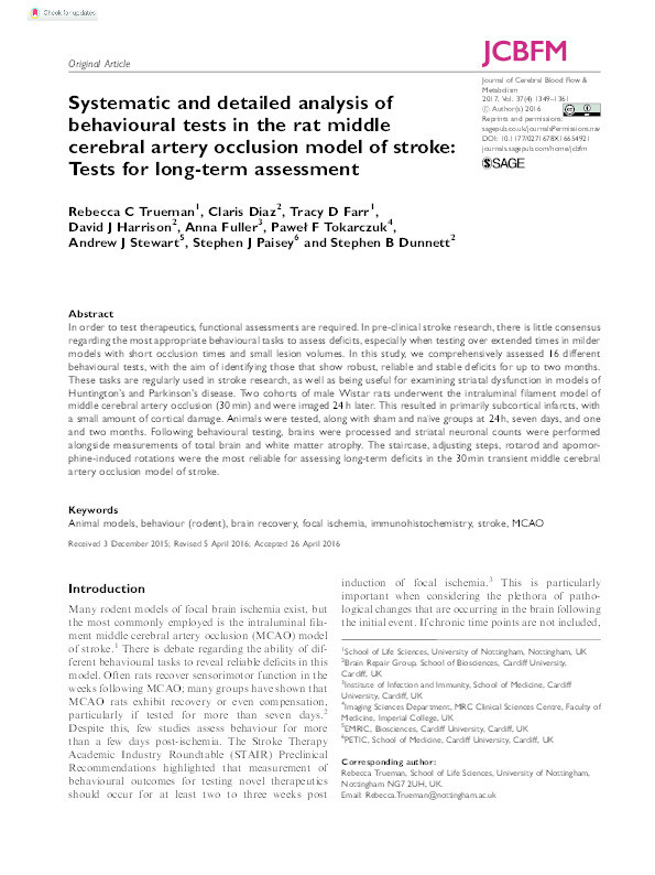 Systematic and detailed analysis of behavioural tests in the rat middle cerebral artery occlusion model of stroke: Tests for long-term assessment Thumbnail