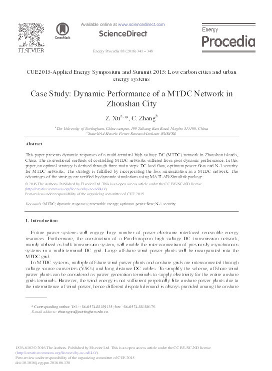 Case study: Dynamic performance of a MTDC network in Zhoushan city Thumbnail
