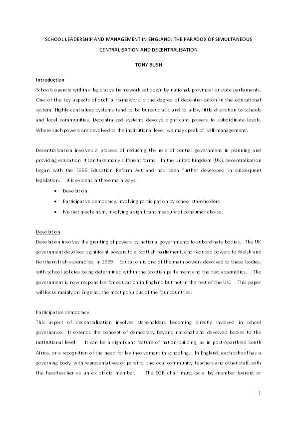 School Leadership and Management in England: The Paradox of Simultaneous Centralisation and Decentralisation Thumbnail