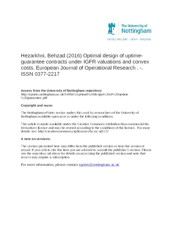 Optimal design of uptime-guarantee contracts under IGFR valuations and convex costs Thumbnail