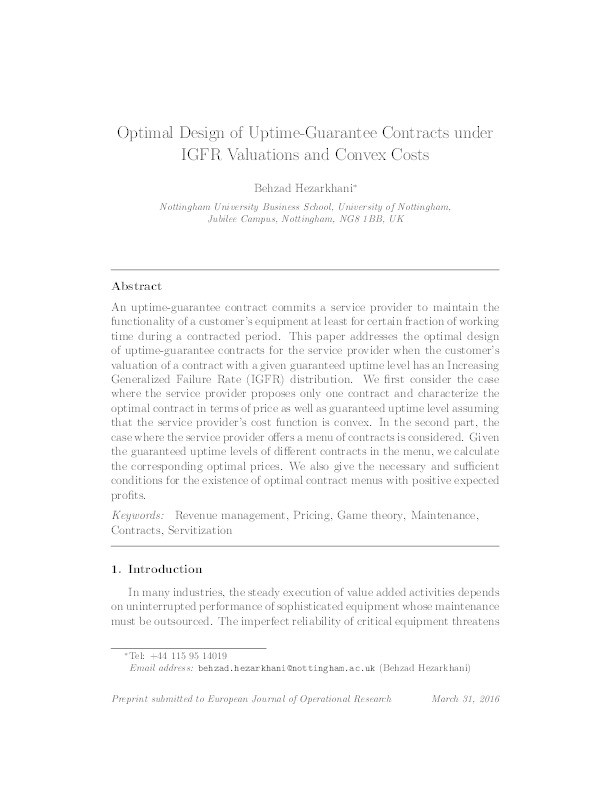 Optimal design of uptime-guarantee contracts under IGFR valuations and convex costs Thumbnail