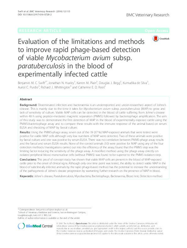 Evaluation of the limitations and methods to improve rapid phage-based detection of viable Mycobacterium avium subsp. paratuberculosis in the blood of experimentally infected cattle Thumbnail