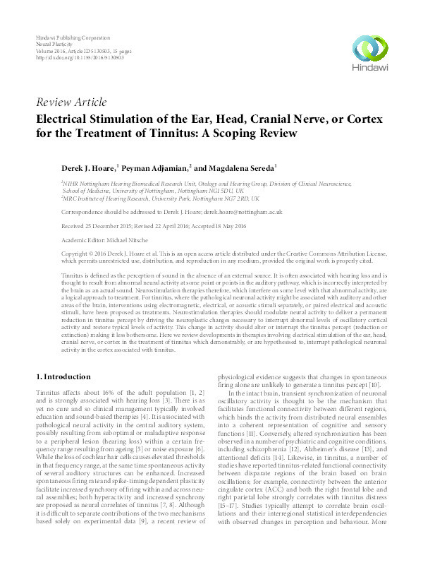 Electrical stimulation of the ear, head, cranial nerve, or cortex for the treatment of tinnitus: a scoping review Thumbnail