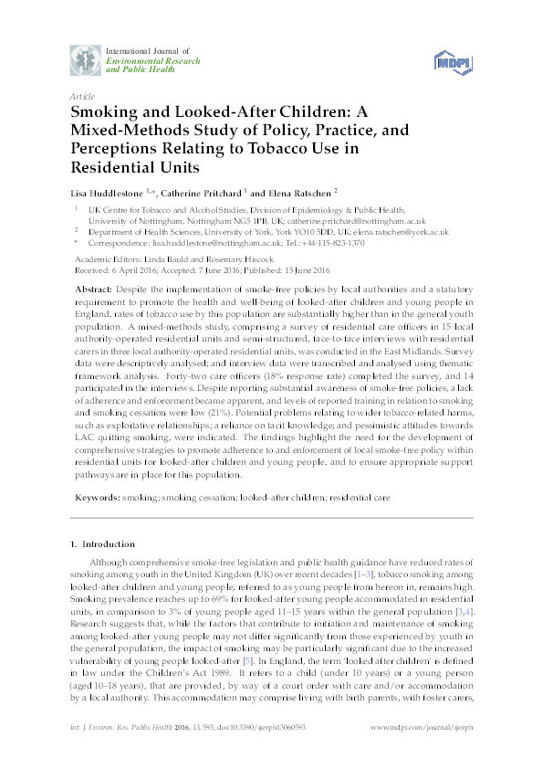 Smoking and looked-after children: a mixed-methods study of policy, practice, and perceptions relating to tobacco use in residential units Thumbnail