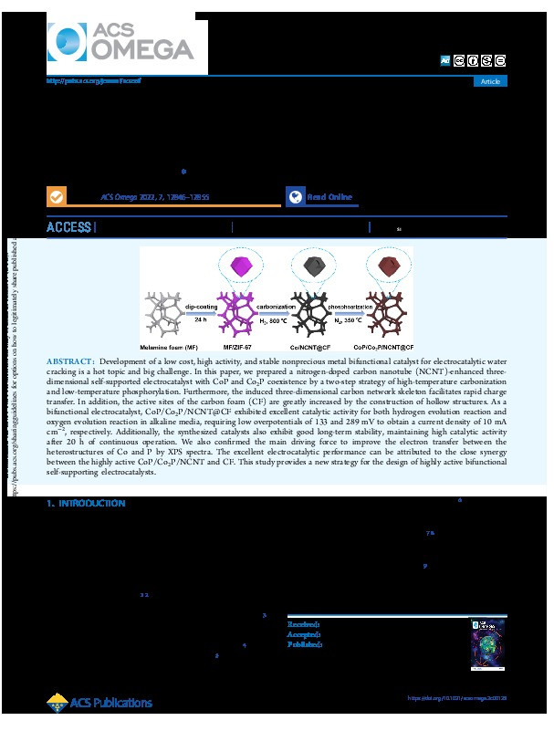 Construction of CoP/Co2P Coexisting Bifunctional Self-Supporting Electrocatalysts for High-Efficiency Oxygen Evolution and Hydrogen Evolution Thumbnail