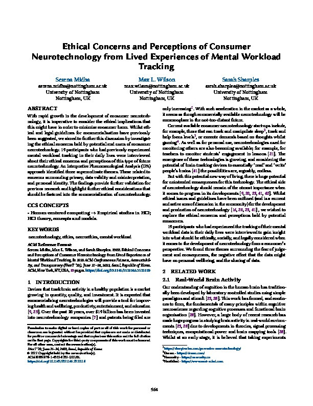 Ethical Concerns and Perceptions of Consumer Neurotechnology from Lived Experiences of Mental Workload Tracking Thumbnail