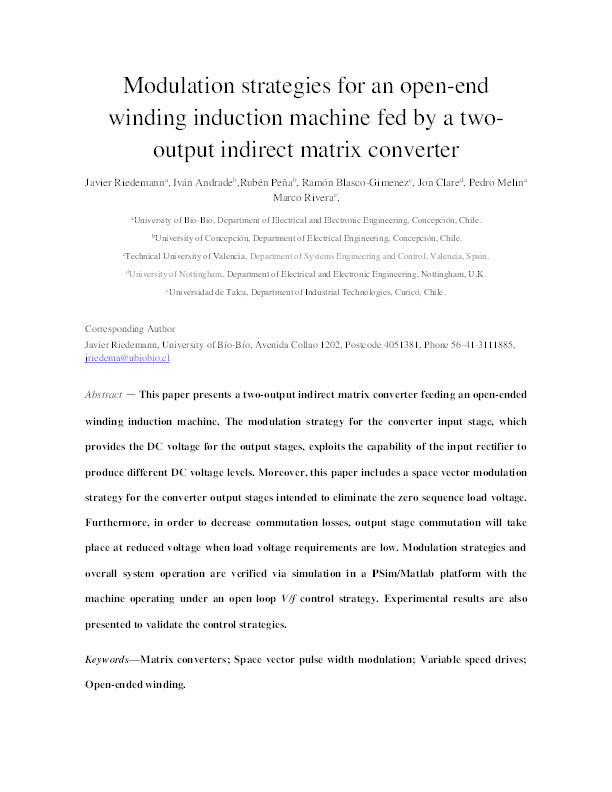 Modulation strategies for an open-end winding induction machine fed by a two-output indirect matrix converter Thumbnail