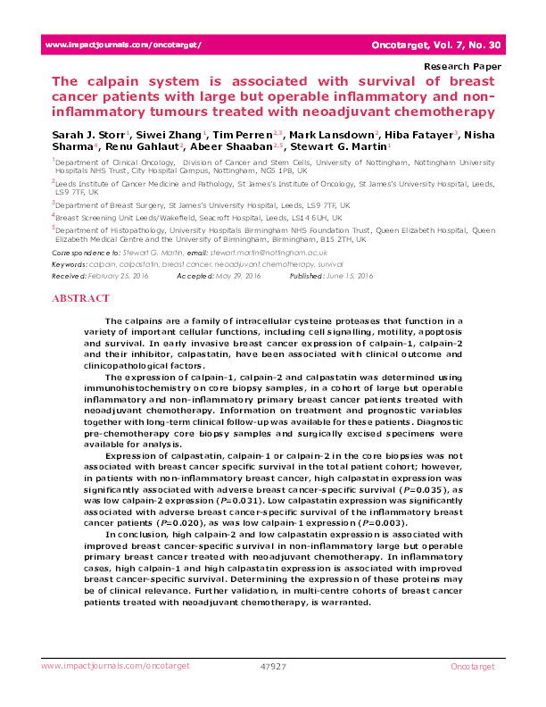 The calpain system is associated with survival of breast cancer patients with large but operable inflammatory and non-inflammatory tumours treated with neoadjuvant chemotherapy Thumbnail