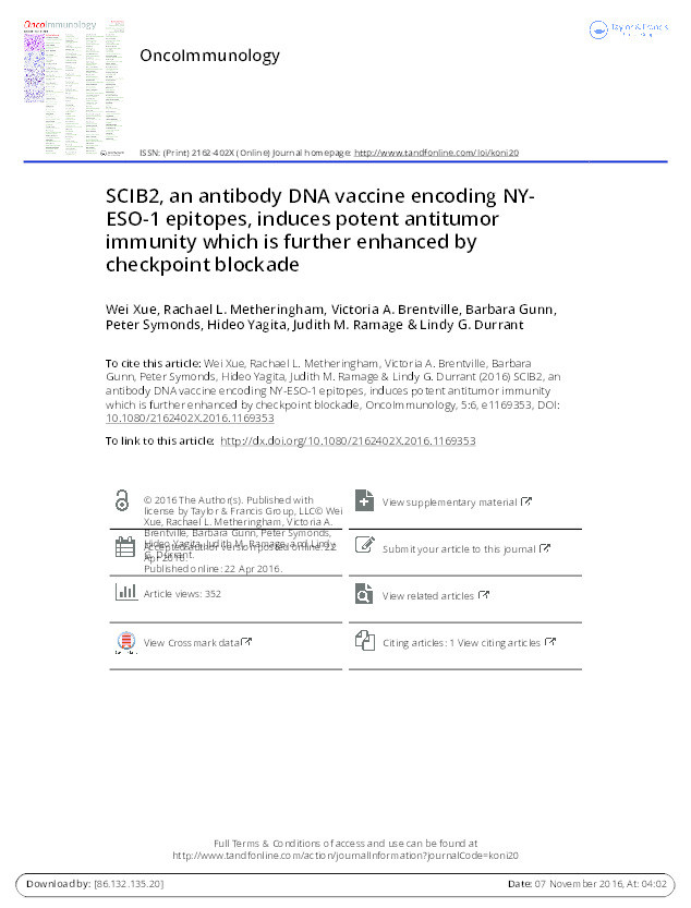 SCIB2, an antibody DNA vaccine encoding NY-ESO-1 epitopes, induces potent antitumor immunity which is further enhanced by checkpoint blockade Thumbnail