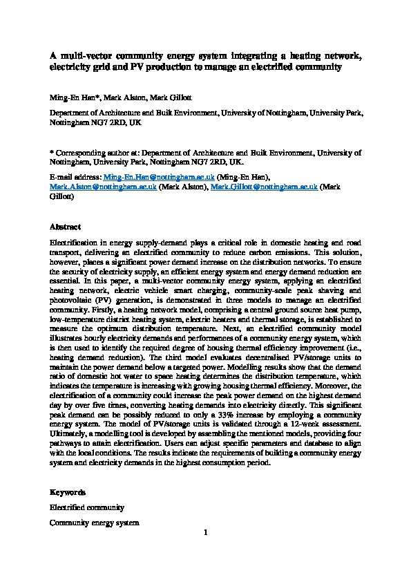 A multi-vector community energy system integrating a heating network, electricity grid and PV production to manage an electrified community Thumbnail