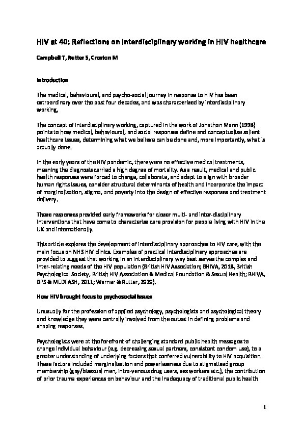 HIV at 40: reflections on and development of interdisciplinary working in HIV care Thumbnail