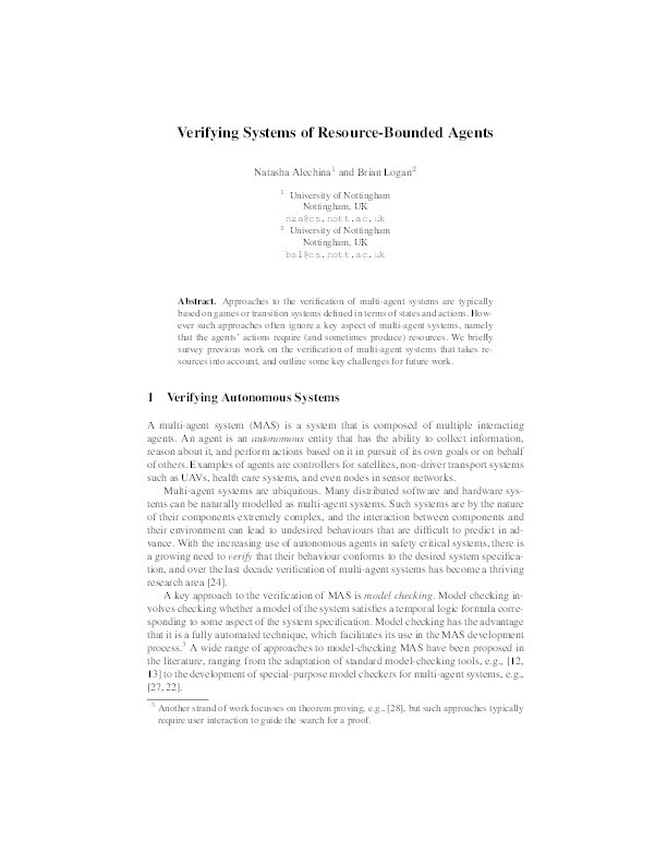 Verifying systems of resource-bounded agents Thumbnail