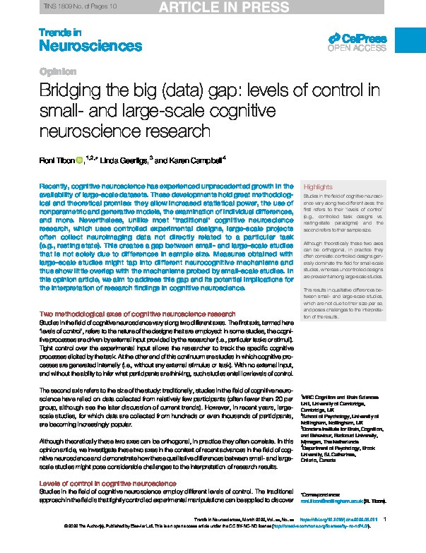 Bridging the big (data) gap: levels of control in small- and large-scale cognitive neuroscience research Thumbnail