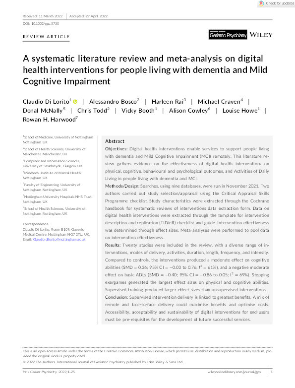 A systematic literature review and meta-analysis on digital health interventions for people living with dementia and Mild Cognitive Impairment Thumbnail