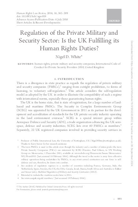 Regulation of the private military and security sector: is the UK fulfilling its human rights duties? Thumbnail